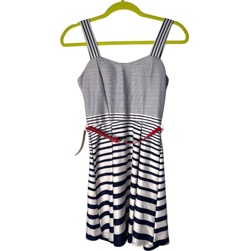 A'Gaci Blue White Striped Pinup Styl Dress Swim Cover Resortwear Red Belt‎ S